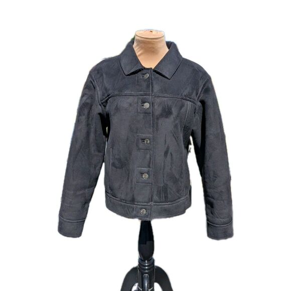 J. Jill Faux Suede Sherpa Lined Jacket Black Woman's Small Button Up Coat Simple - Picture 1 of 7